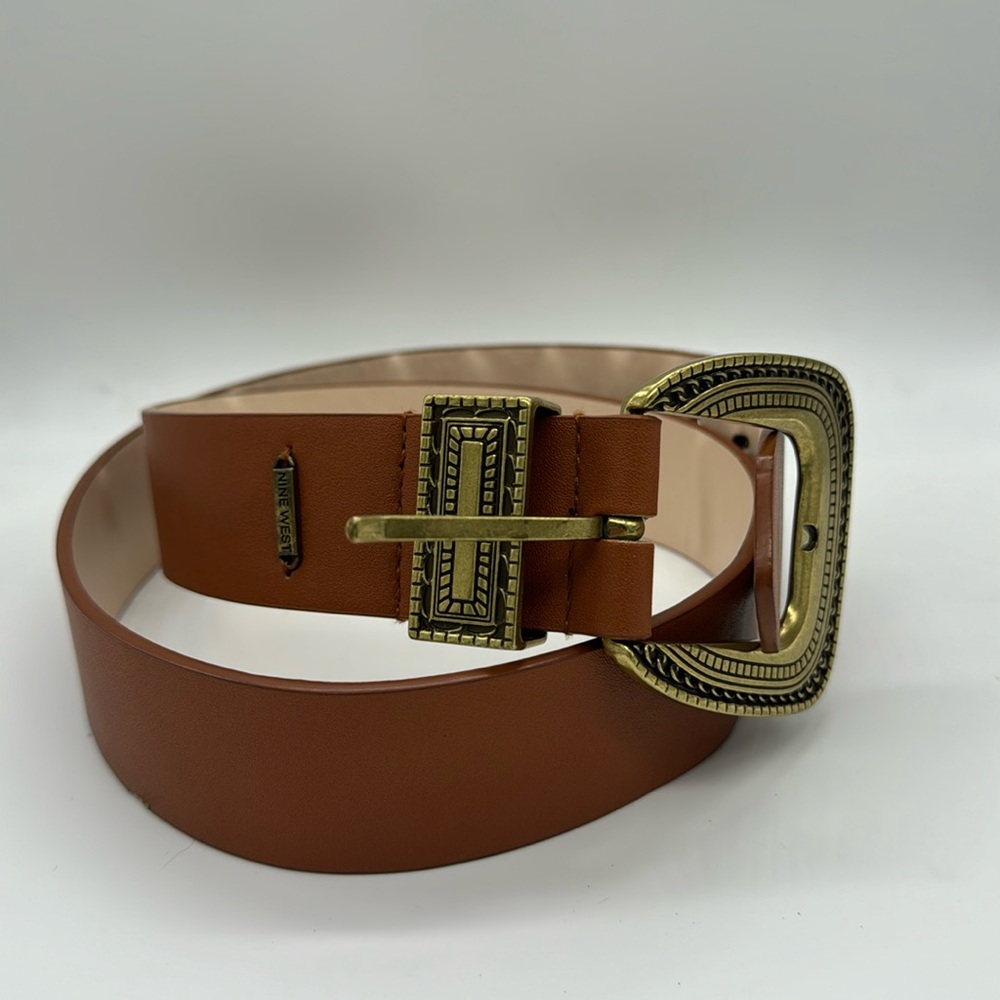 Nine West Leather Copper & Brass Southwestern Aztec Embossed Belt Brown Size S